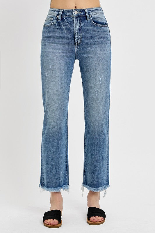 RISEN Medium Wash High Rise Crop Straight Frayed Hem Jeans