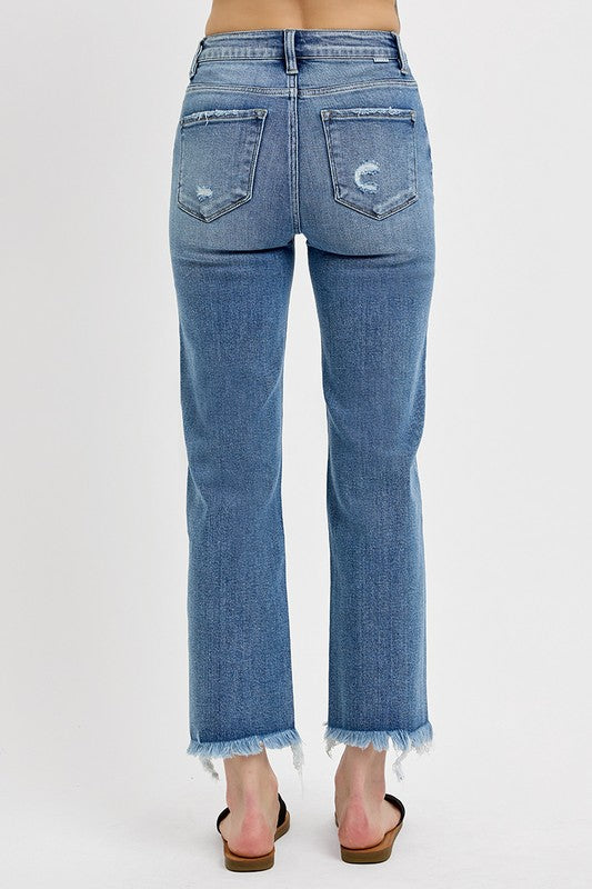 RISEN Medium Wash High Rise Crop Straight Frayed Hem Jeans