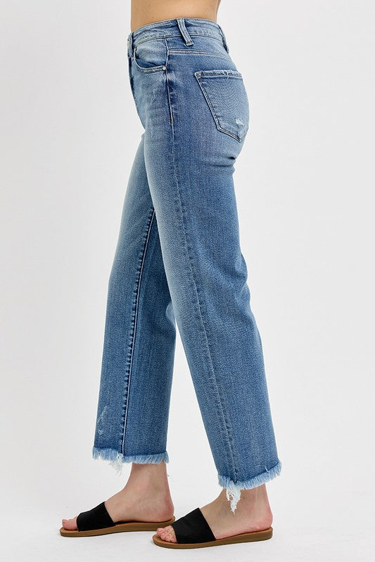 RISEN Medium Wash High Rise Crop Straight Frayed Hem Jeans