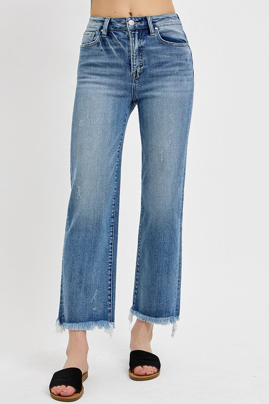 RISEN Medium Wash High Rise Crop Straight Frayed Hem Jeans