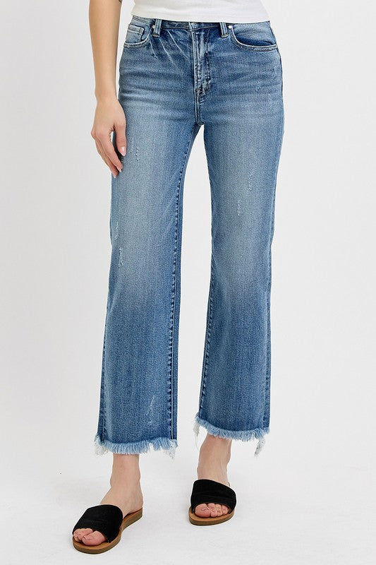 RISEN Medium Wash High Rise Crop Straight Frayed Hem Jeans