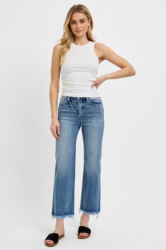 RISEN Medium Wash High Rise Crop Straight Frayed Hem Jeans