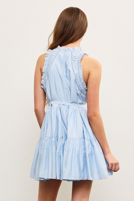 Light Blue Ruffle Edge Shirred Sleeveless Dress with Belt Tie