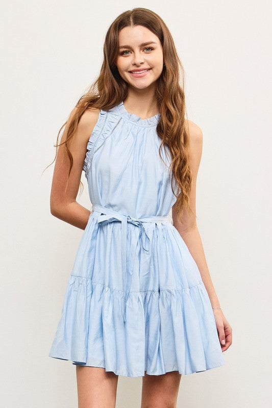 Light Blue Ruffle Edge Shirred Sleeveless Dress with Belt Tie