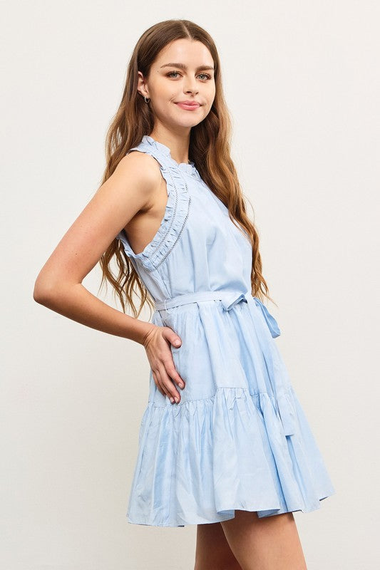 Light Blue Ruffle Edge Shirred Sleeveless Dress with Belt Tie