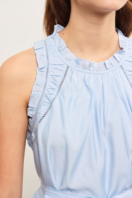 Light Blue Ruffle Edge Shirred Sleeveless Dress with Belt Tie