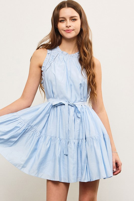 Light Blue Ruffle Edge Shirred Sleeveless Dress with Belt Tie