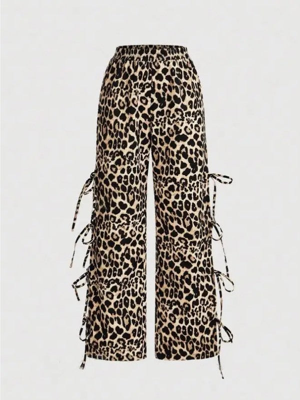 Leopard Pants with Bow Ties Down the Side