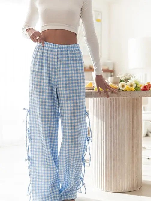 Blue Pants with Bow Ties Down the Side