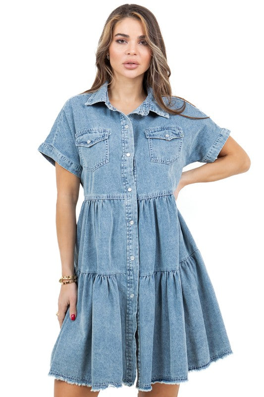 Tiered Denim Mini Dress with Short Sleeves and Pockets