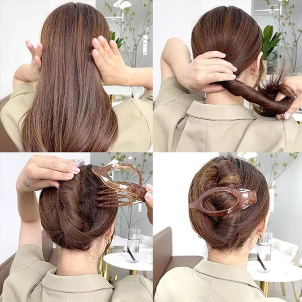 Step-by-step tutorial on styling hair with a hair clip.