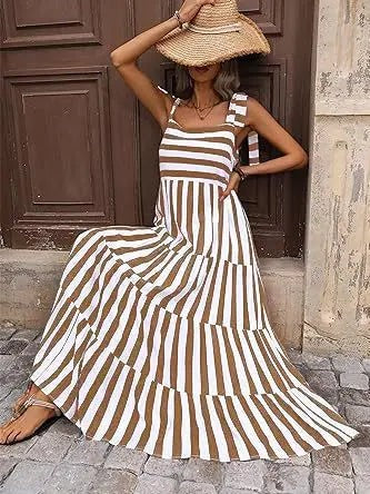 Khaki Stripped Sleeveless Maxi Dress
