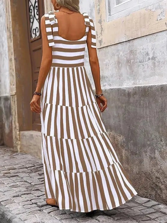 Khaki Striped Sleeveless Maxi Dress