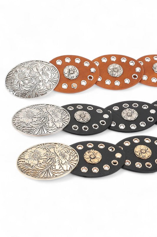 Set of decorative metal plates in various colors on a white background