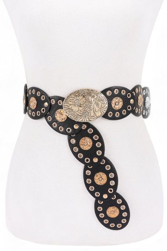 Decorative belt with gold accents on a mannequin against a white background