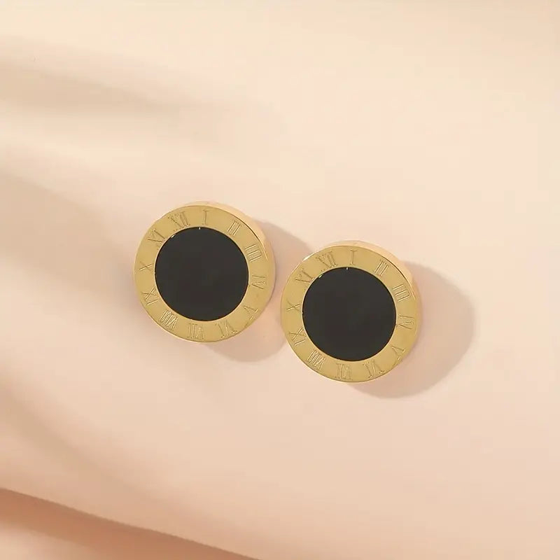 2 Piece Retro Titanium Stud Roman Numeral and Sea Shell Earrings Gold and Black