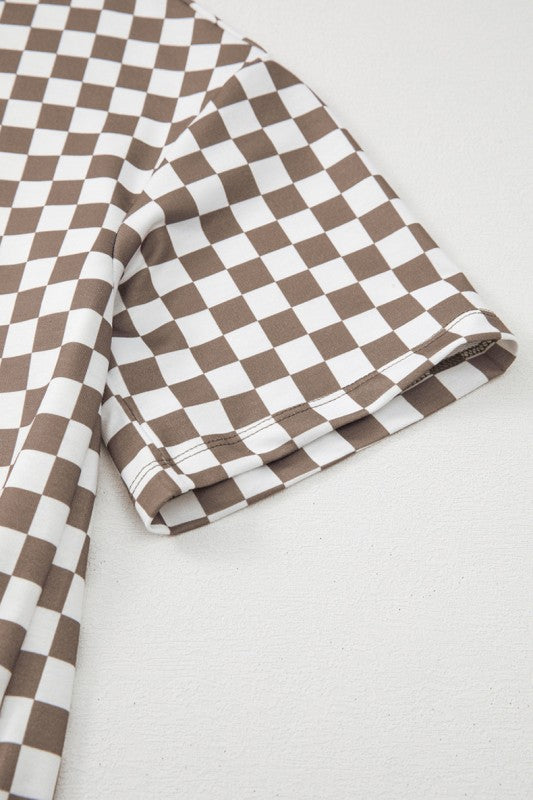 Checkered fabric with brown and white pattern on a light gray background