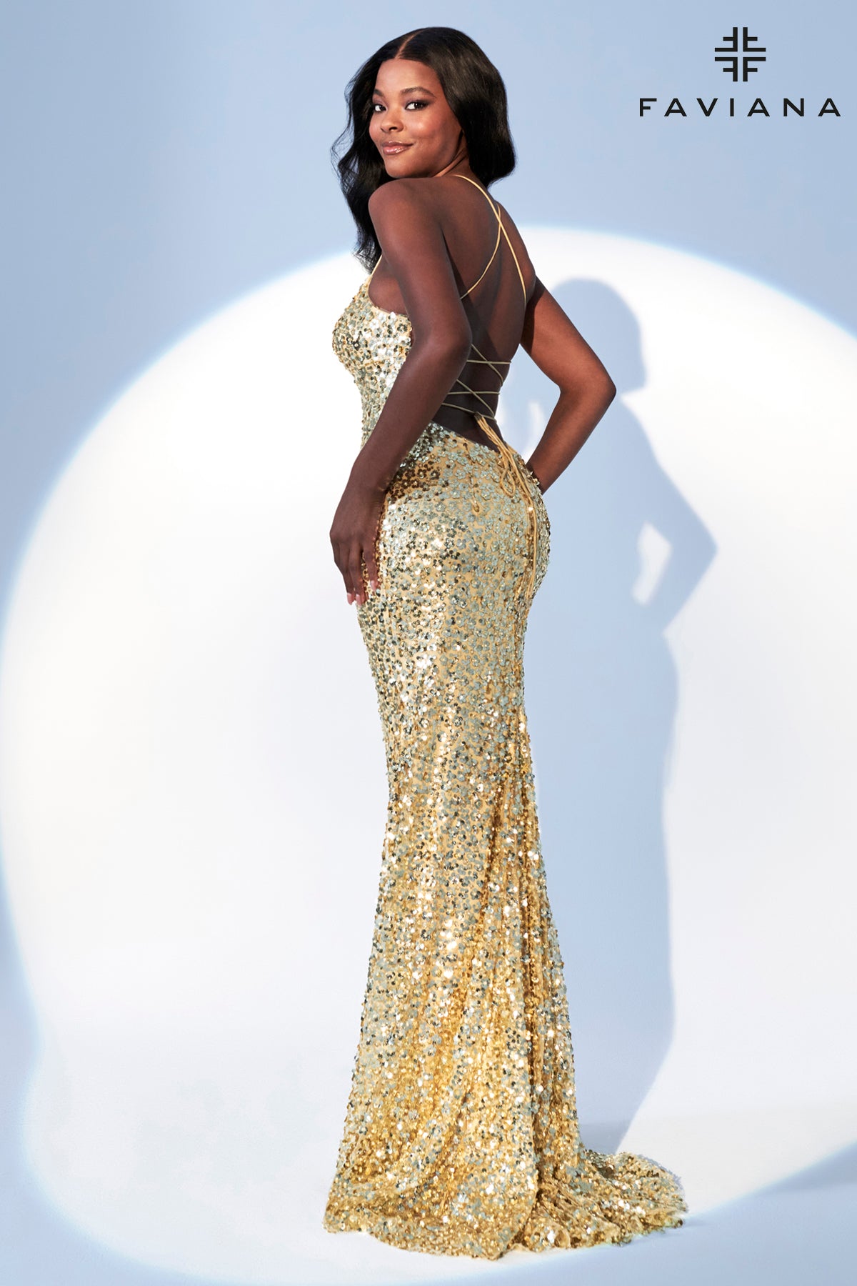 Gold Flower Sequin Fabric Scoop Neck Long Dress