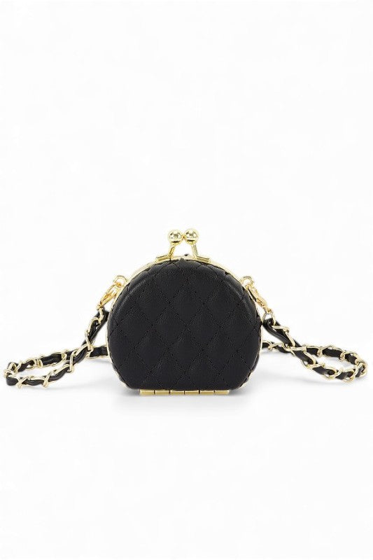 Black round clutch with gold chain on a white background
