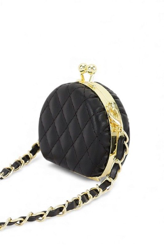 Black quilted handbag with gold chain strap on a white background