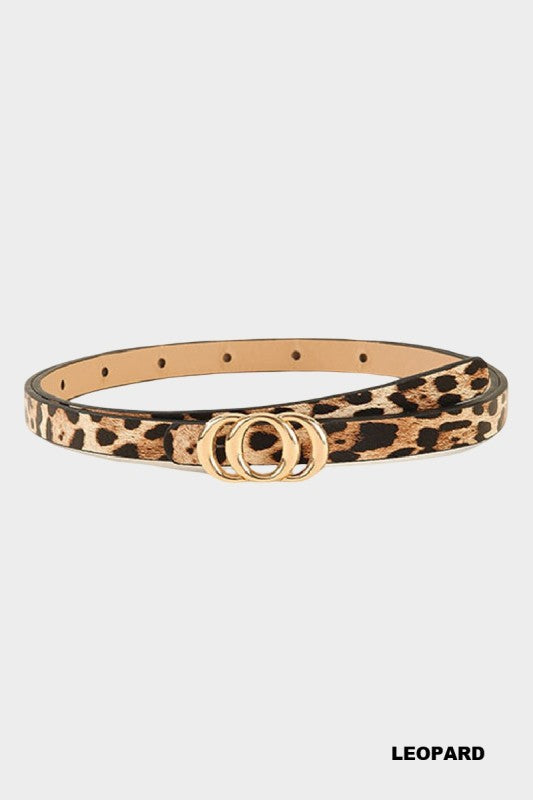 Leopard print belt with gold hardware on a white background