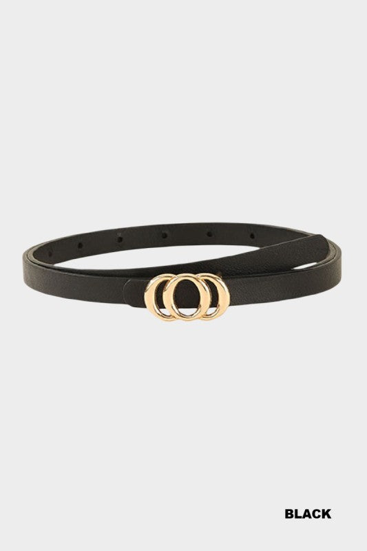 Black belt with gold double ring buckle on a white background