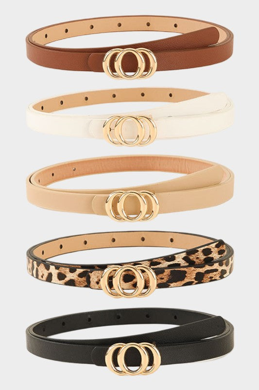 Set of five belts with gold buckle designs on a white background