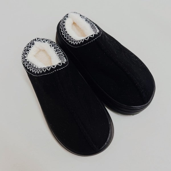Pair of black slippers with white lining on a light gray background