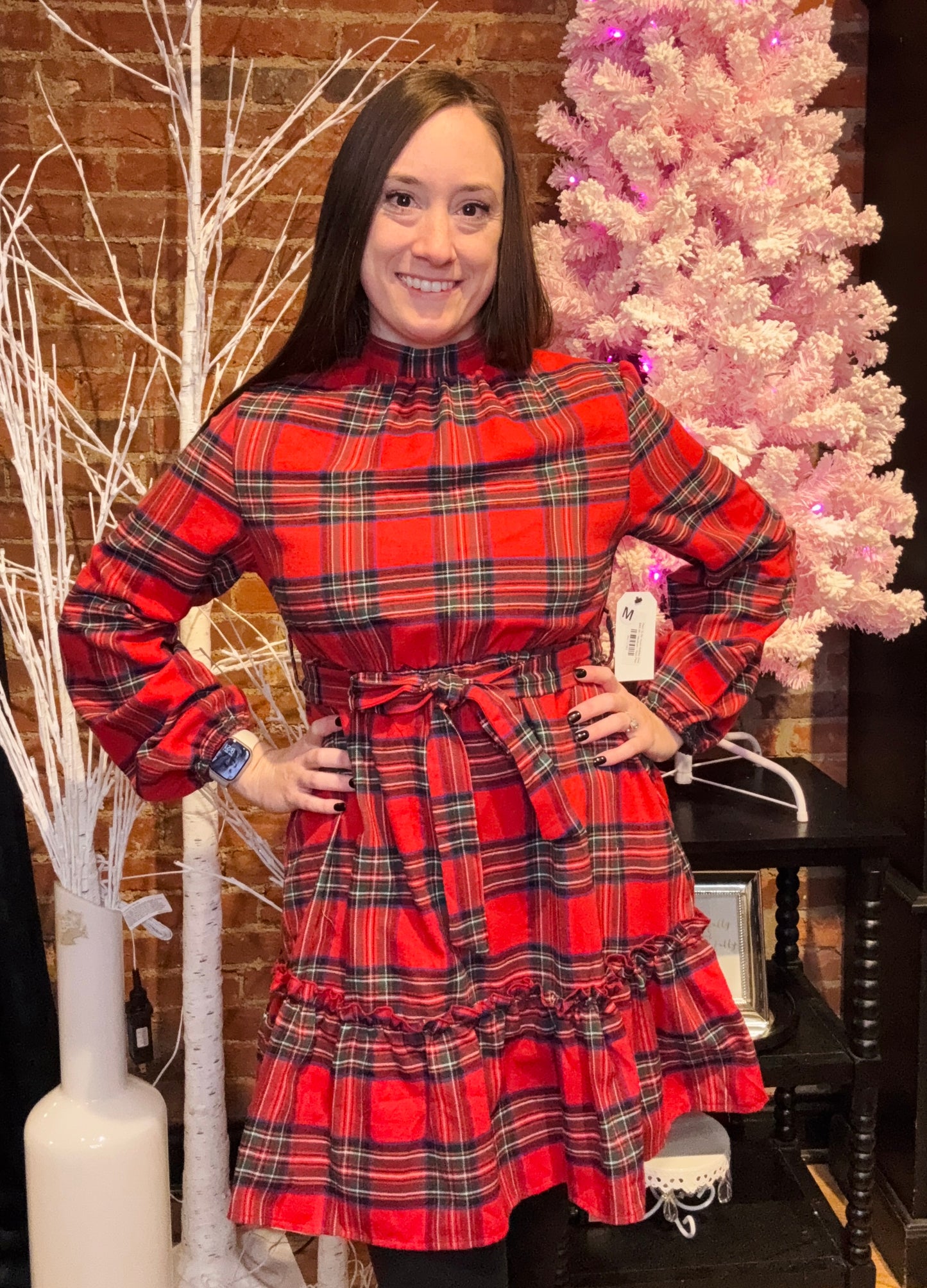 Long Sleeve Red Plaid Ruffle Mini Dress with a Tie Waist and High Neckline
