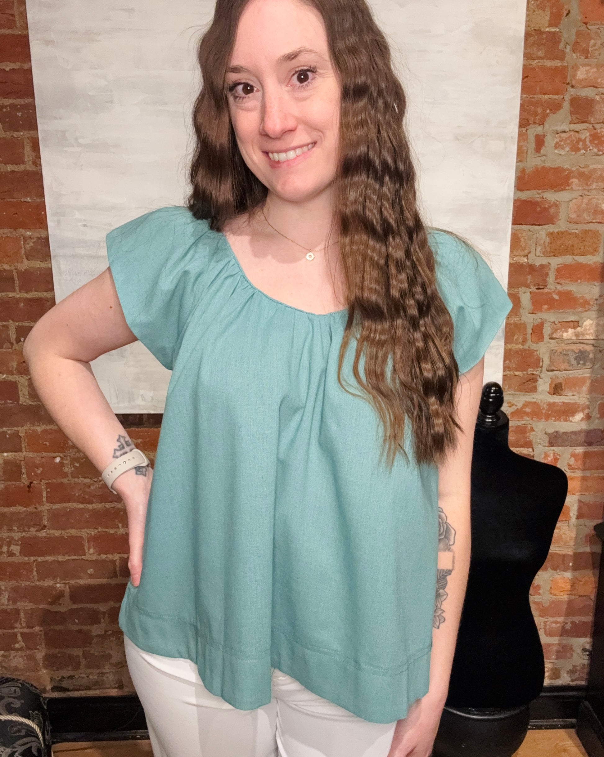 Dusty Mint Linen V-Neck Top with Padded Cap Sleeve