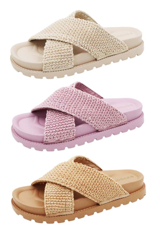 Purple Ivory and Tan Slide Sandals