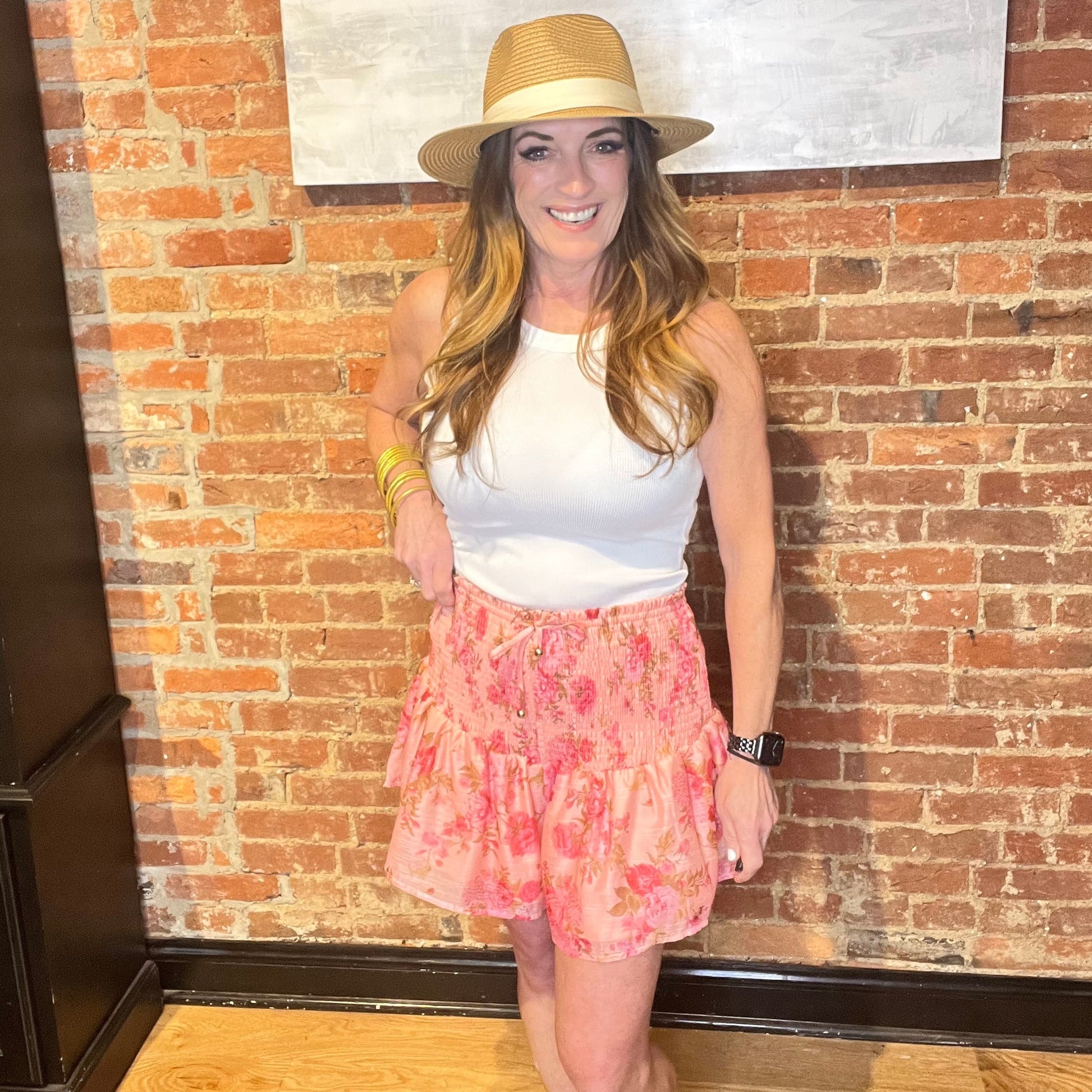 Pink Floral Print Smocked Shorts