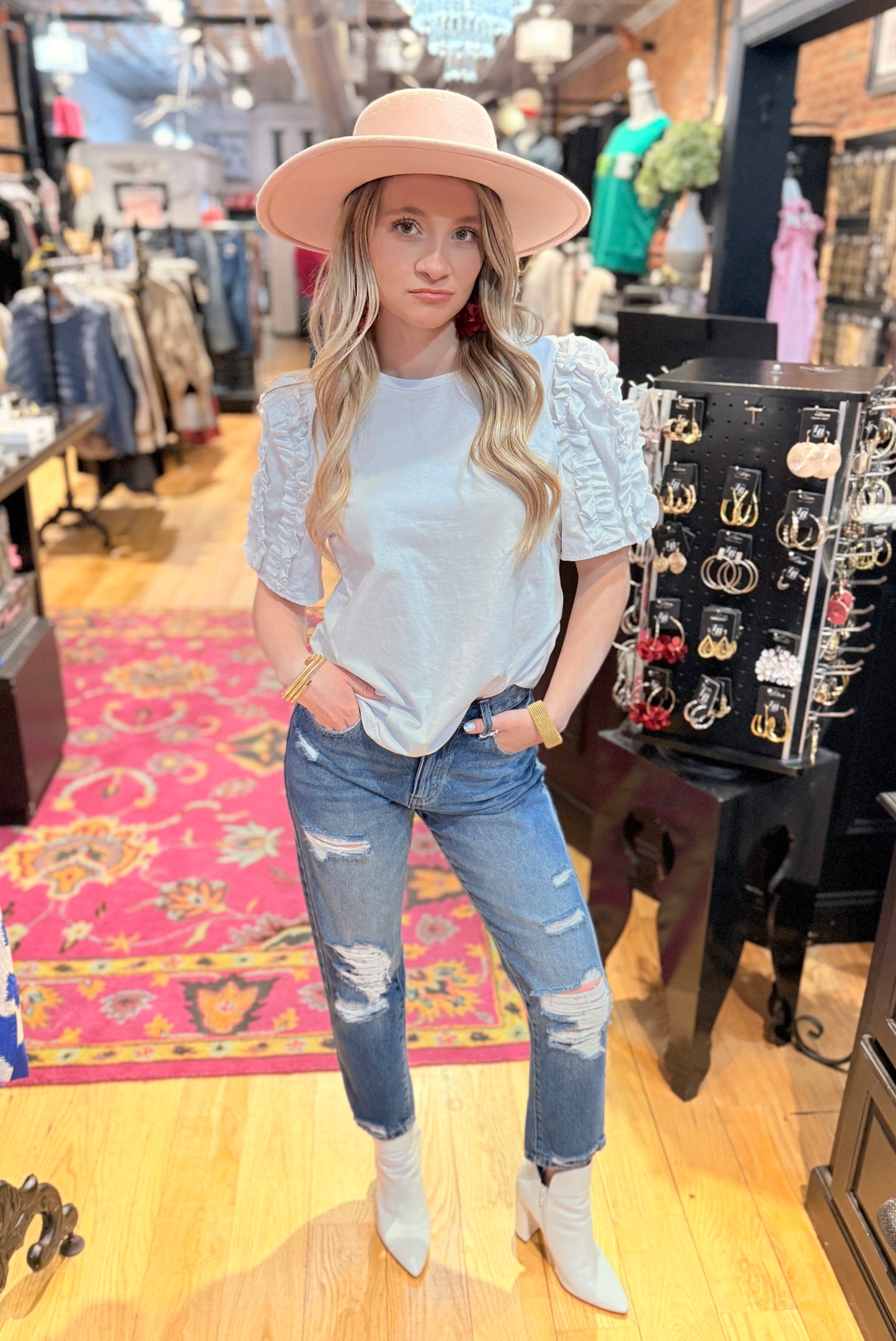 White Round Neck Cotton Puff Sleeve Top