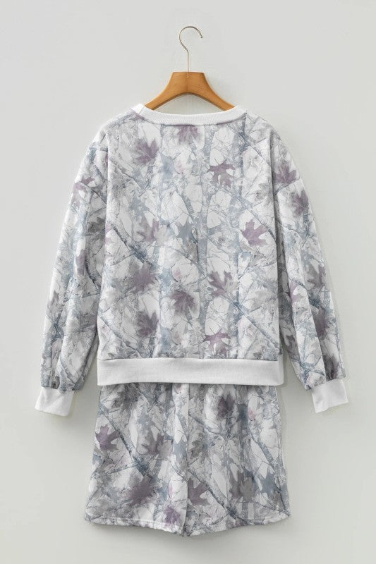 Abstract Camo Pullover & Drawstring Shorts Set