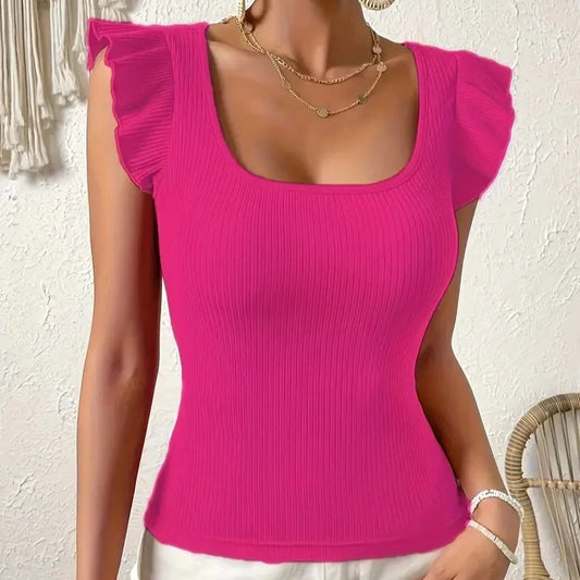 Fuchsia Ribbed Flutter Sleeve Top