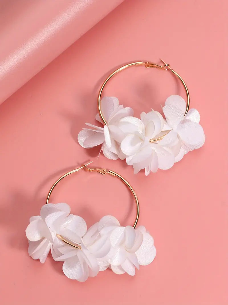 Gold Flower Hoop Earrings with White Flowers 