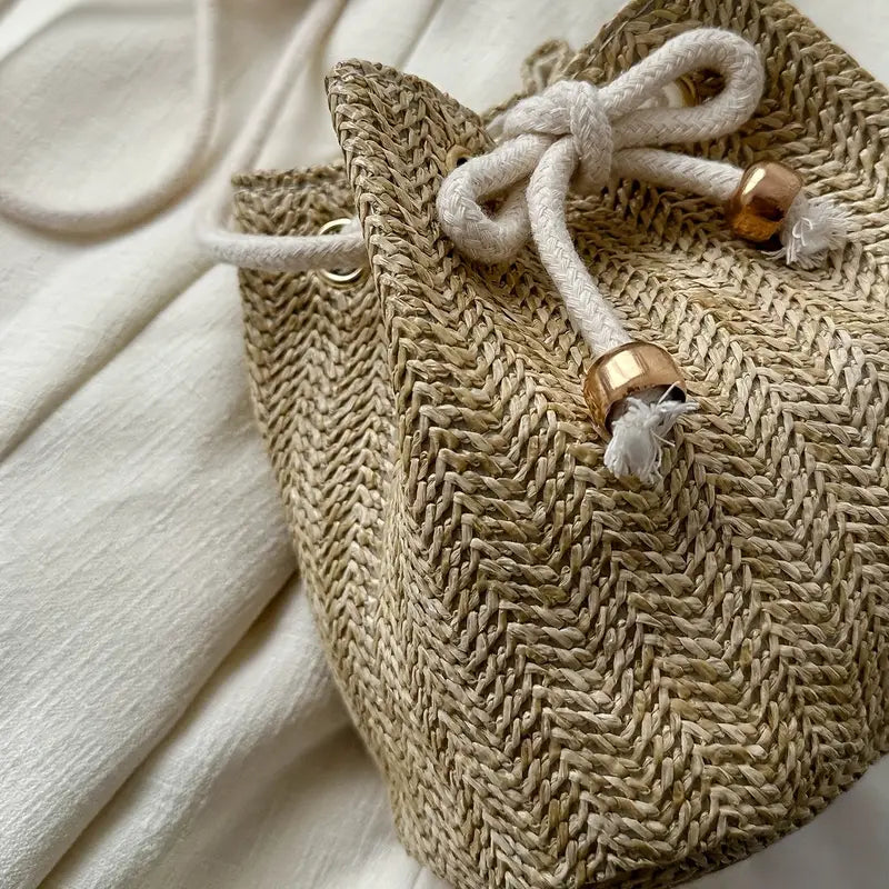 Khaki Woven Straw Crossbody Handbag