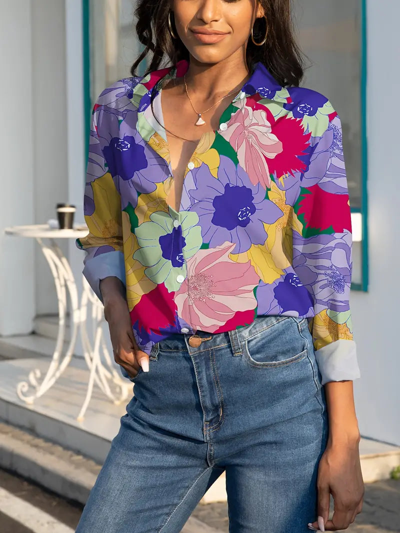 Violet Floral Button-Down Blouse