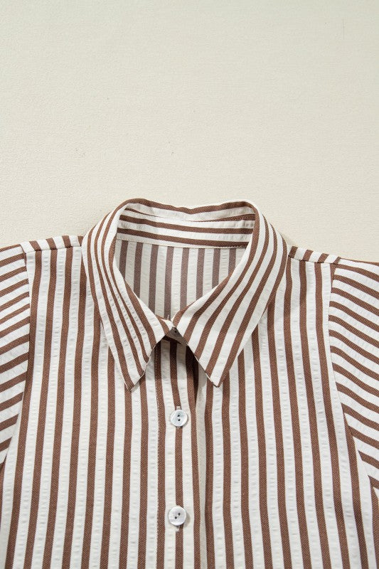 Brown and white striped shirt on a beige background