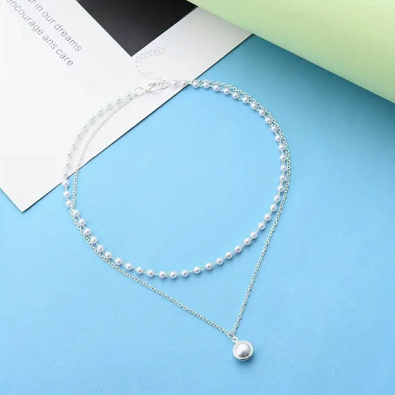 Silver Pendant Necklace Clavicle Chain With Trendy Design Of Faux Pearl And Double-Layer Chain