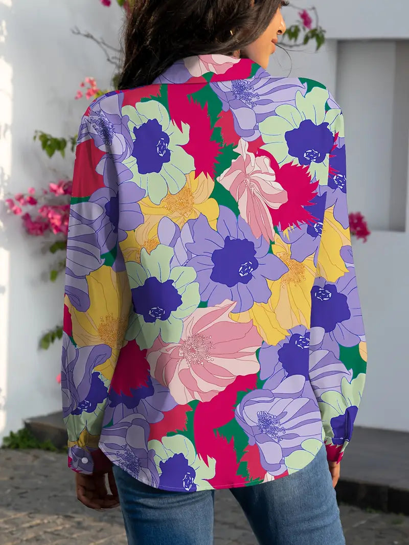 Violet Floral Button-Down Blouse