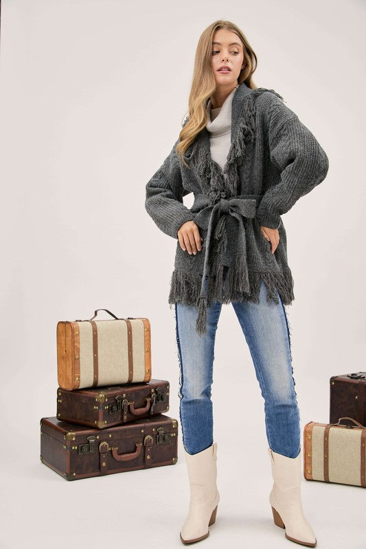 Grey Fringe Tie Belt Knit Cardigan 