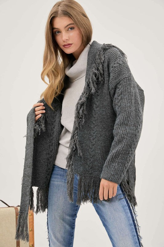 Grey Fringe Tie Belt Knit Cardigan 