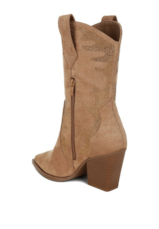 Tan cowboy boot with decorative patterns on a white background