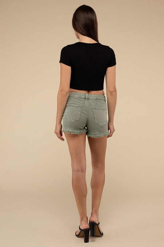 Olive Frayed Hem Denim Shorts