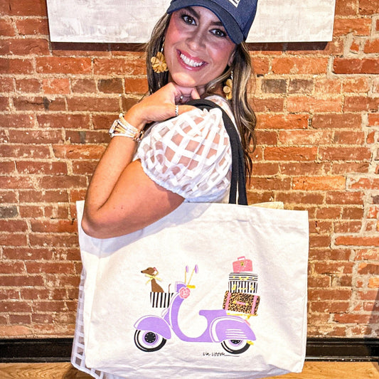 2 Chic Tote Bag with Moped and Bags on Top