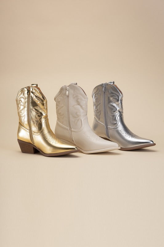 Gold/ Silver/ Ivory Western Booties Tapered Toe and Block Heel