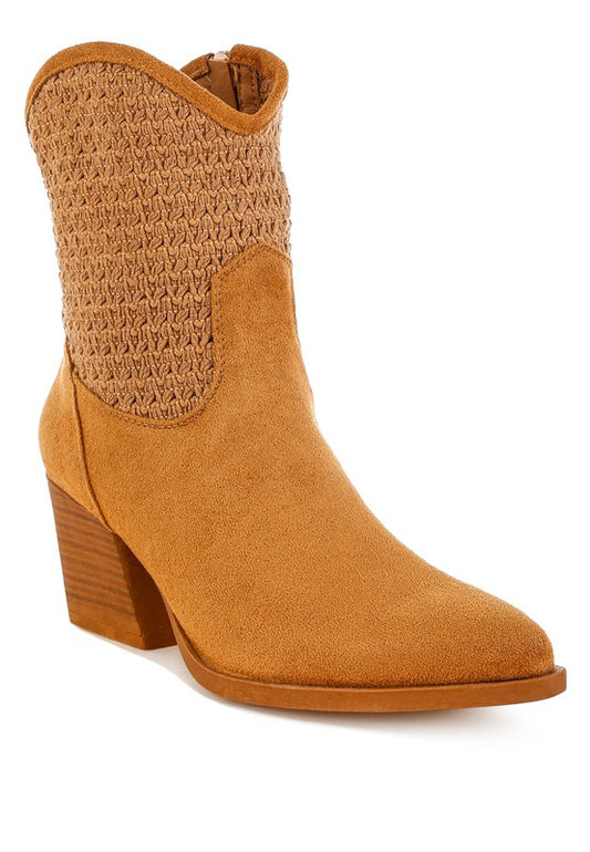Brown cowboy boot with textured top on a white background