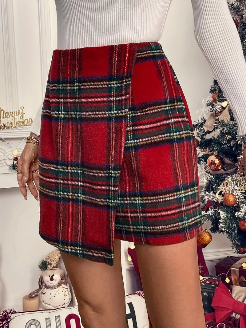 Red Plaid Wrap Mini Skirt