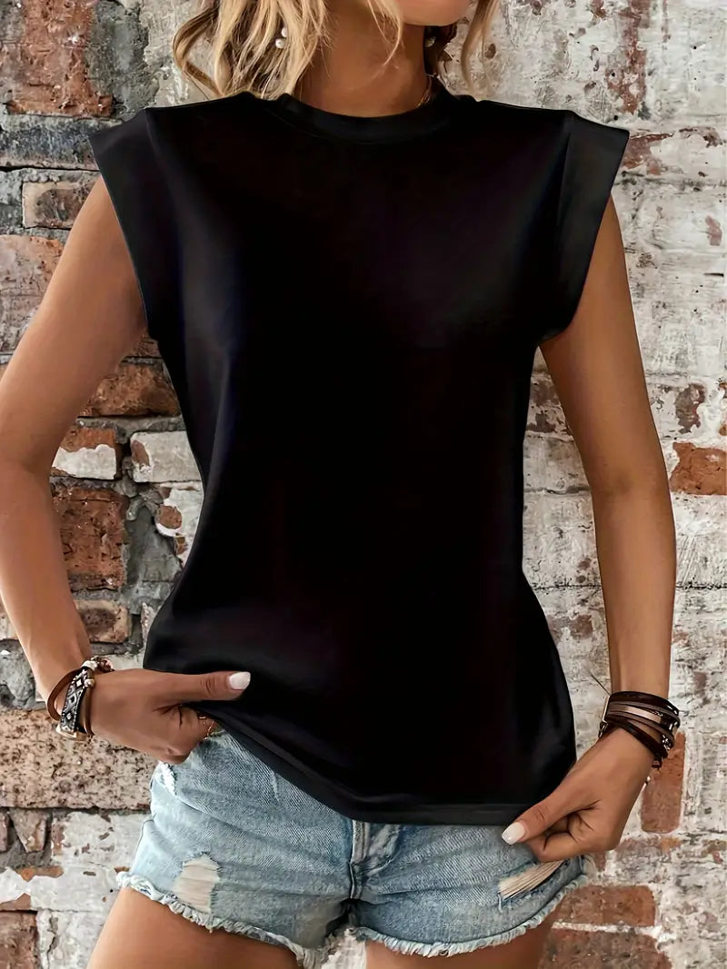 Black Jersey Knit Cap Sleeve Top